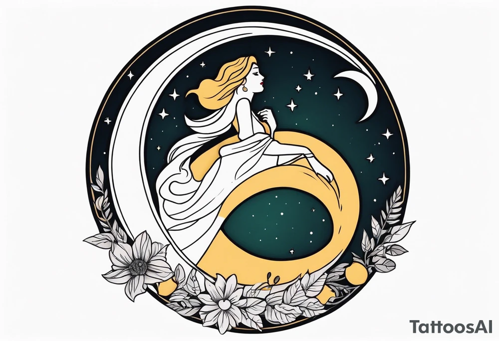 Hot woman in dress riding a crescent moon tattoo idea