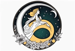 Hot woman in dress riding a crescent moon tattoo idea