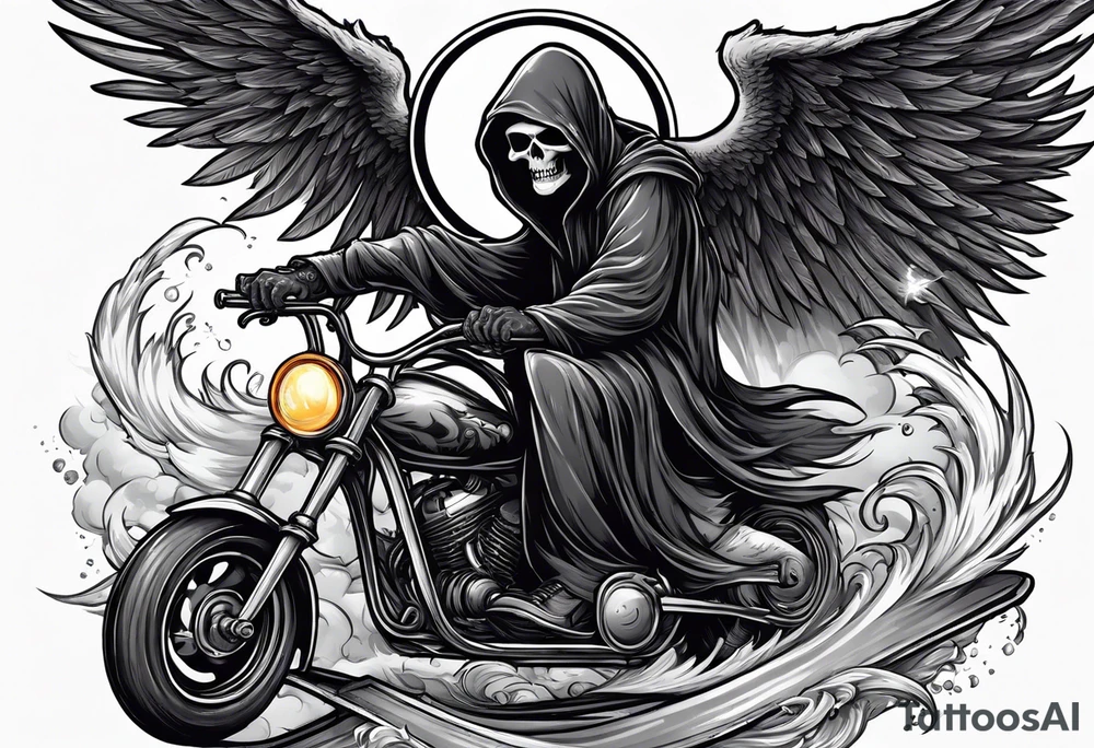 the grim reaper riding a skateboard with an angel halo above his head tattoo idea