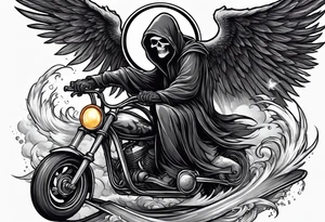the grim reaper riding a skateboard with an angel halo above his head tattoo idea
