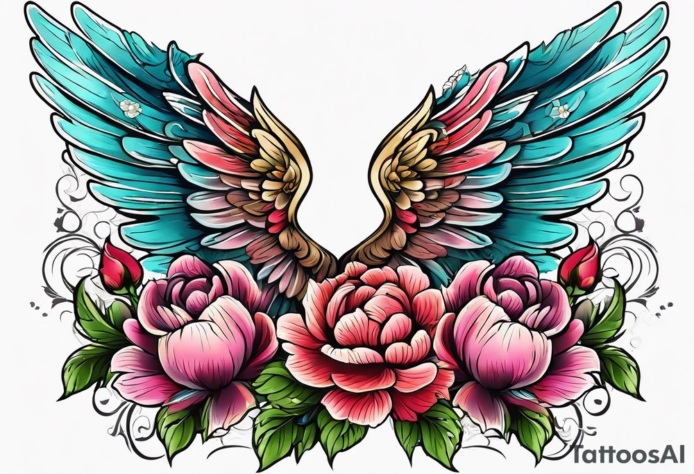 beautiful angel wings with colorful, peonies. beautiful flilligree in the background , full color, traditional old school , white background tattoo idea