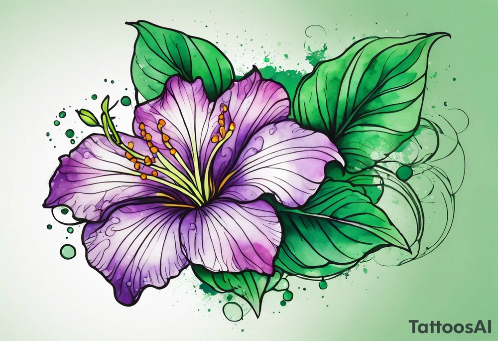 An outline of an only green rio dipladenia flower and a green and purple watercolor splash in the background tattoo idea