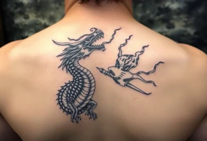 fierce dragon breathing iridescent fire against stormy skies tattoo idea