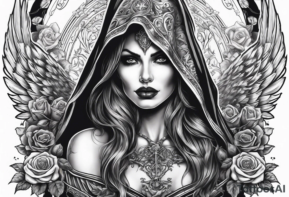 Lady death grim reaper with angel wings and skulls and roses tattoo idea