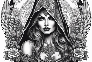 Lady death grim reaper with angel wings and skulls and roses tattoo idea