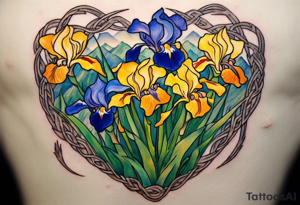 Create a small, thick, colorful Vincent van Gogh Irises tattoo, with vines in Celtic knots gracefully intertwining at mountains, needs to be present. The intended placement is on the upper chest. The overall design should be small in size while maintaining a delicate and artistic aesthetic. Pay attention to the graceful flow of the vines and the placement of the irises to achieve a refined and elegant look. tattoo idea