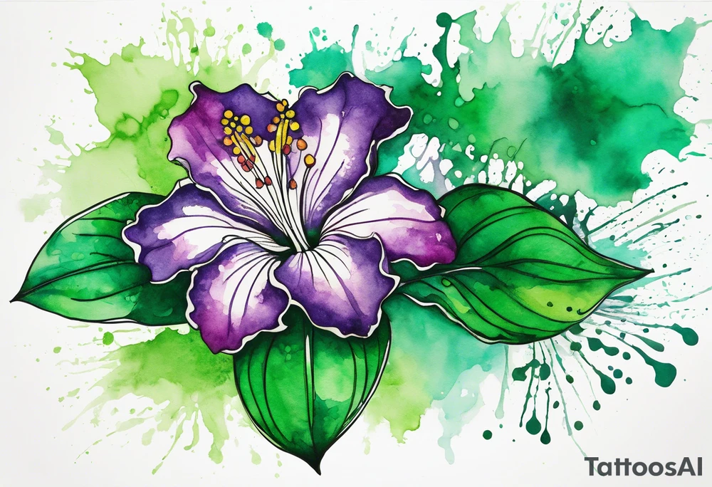 An outline of a green rio dipladenia flower and a green and purple watercolor splash in the background tattoo idea
