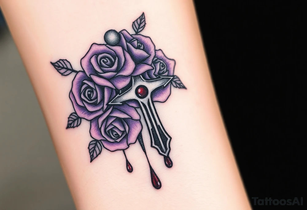 A silver Ankh wrapped in deep purple roses, with drops of blood-red ink dripping from its base, evoking gothic romance and eternal love. tattoo idea