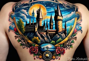 Harry Potter themed full sleeve. Include the Hogwarts castle, a golden snitch, and the Ravenclaw house crest tattoo idea