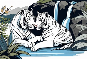 Two white tigers in nature separated by a waterfall tattoo idea