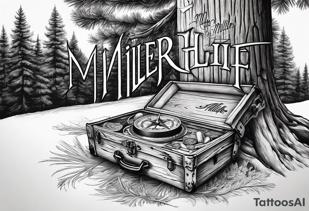 Using the Miller High Life font, intertwine the name miller into the trunk of a pine tree outlined by a compass tattoo idea