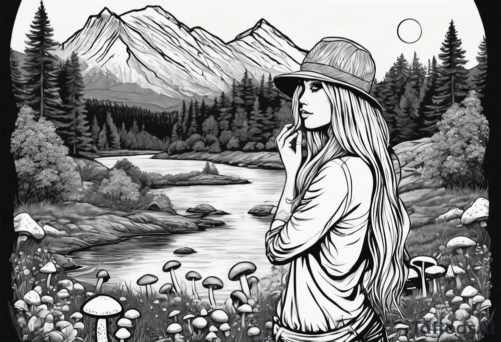 Whole picture encircled fully

Straight long blonde hair hippie girl in distance holding mushrooms in hand facing away toward mountains and creek surrounded by mushrooms long sleeve shirt and hiking pants; whole rendering within a full circle, no cut off circle tattoo idea