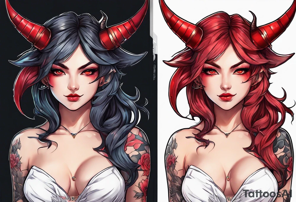 full body anime style succubus with red horns in a portrait tattoo idea