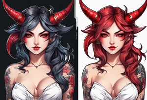 full body anime style succubus with red horns in a portrait tattoo idea