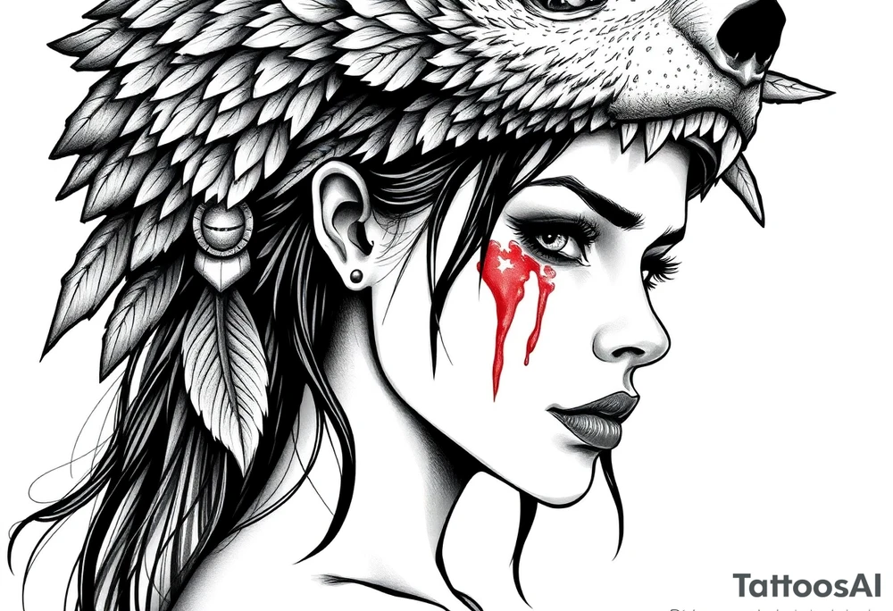 Beautiful Womans shedding a tear, with battle scars and blood on face, wearing a mean looking bear headdress on head tattoo idea