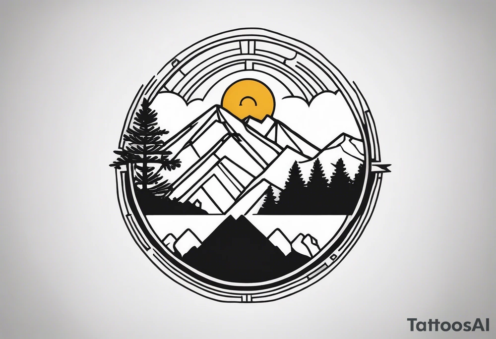 Create a minimalistic tattoo design incorporating a vertical line symbolizing a path. At the top is a spruce tree, the middle part is replaced with an outline of Machu Picchu, and at the bottom is an image of a sun with rays, stylized in Aztec art. Below the sun, add a small llama. All elements are done in black outline with no fill, creating a clean and symbolic image. tattoo idea