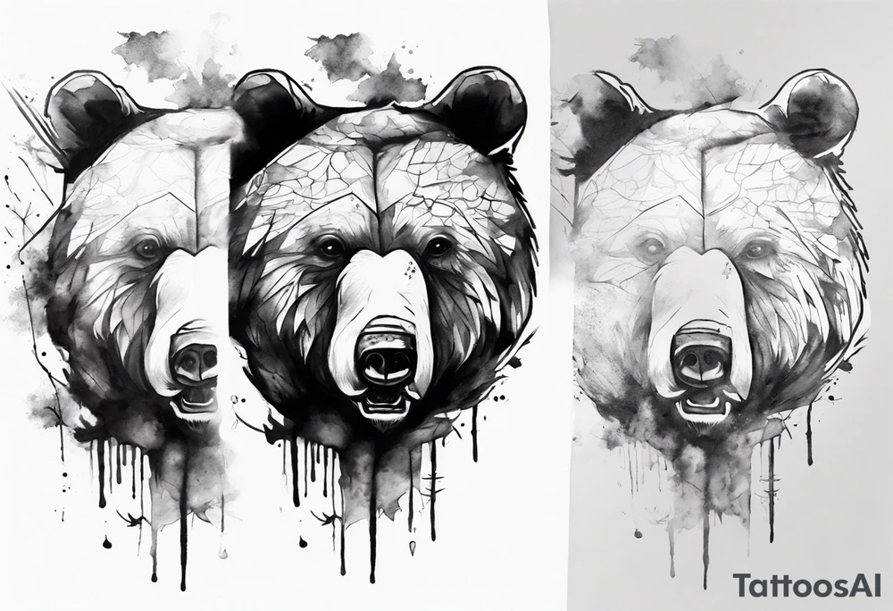 bear head right above the forest line with a lake below, full arm sleeve tattoo tattoo idea