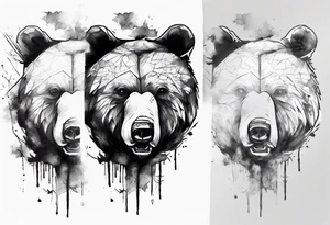 bear head right above the forest line with a lake below, full arm sleeve tattoo tattoo idea