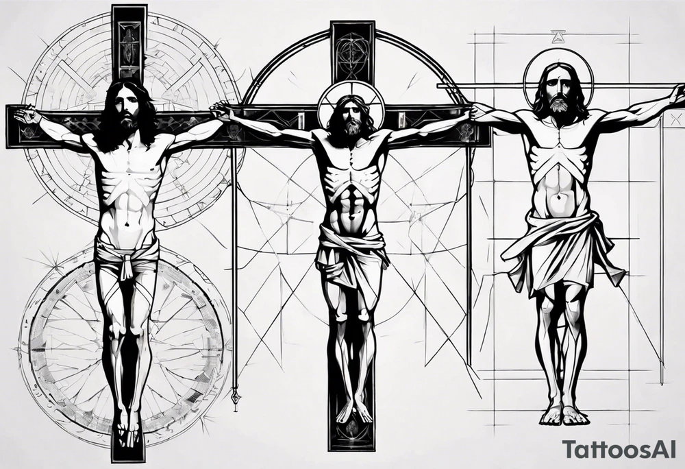 Geometric Vitruvian man combined with Jesus on the cross tattoo idea