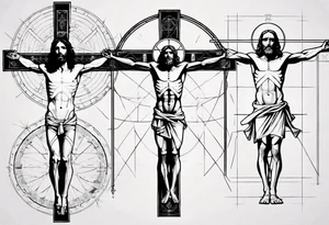 Geometric Vitruvian man combined with Jesus on the cross tattoo idea
