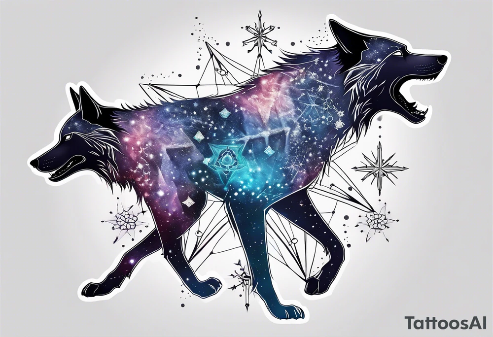 Constellation, two animal alien wolf, snowflake tattoo idea