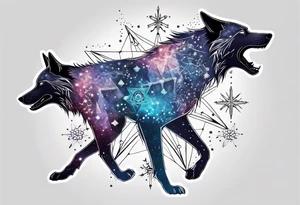 Constellation, two animal alien wolf, snowflake tattoo idea