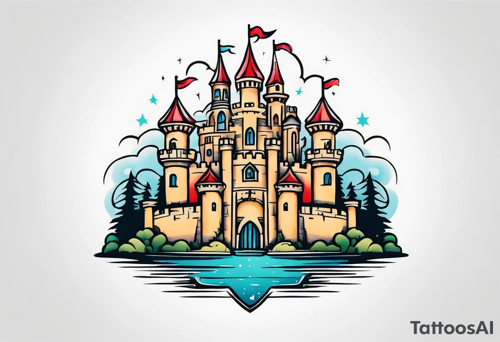 castle vintage tattoo style old school traditional bold color tattoo idea