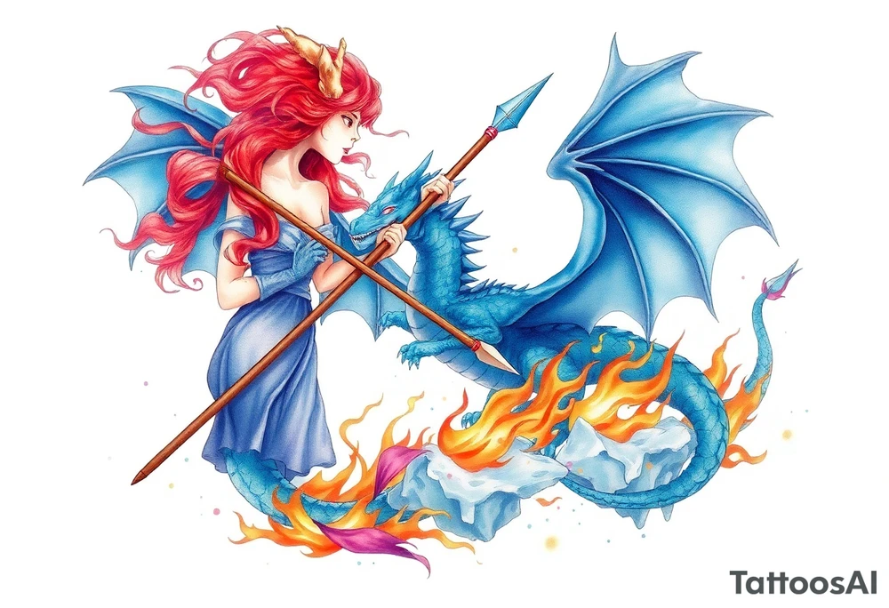 Redheaded girl with a spear killing a blue dragon who is breathing fire with wings spread and flying over ice and flames tattoo idea