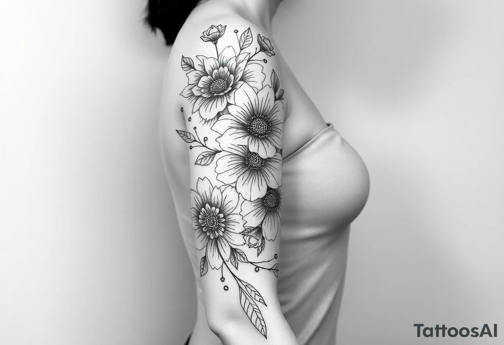 floral composition with japanese vibe, mutiple ornemental patern and leaf, dot geometric ornement, lycoris tattoo idea