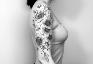 floral composition with japanese vibe, mutiple ornemental patern and leaf, dot geometric ornement, lycoris tattoo idea