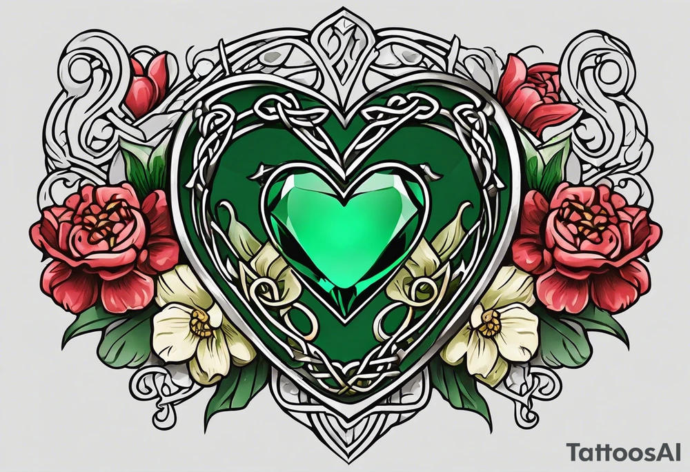 Irish Celtic symbol of love wedding ring with an Emrald green gem in the middle of the heart with a bundle of carnations, leaves, and narcissus coming out of the hands. tattoo idea