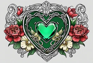 Irish Celtic symbol of love wedding ring with an Emrald green gem in the middle of the heart with a bundle of carnations, leaves, and narcissus coming out of the hands. tattoo idea