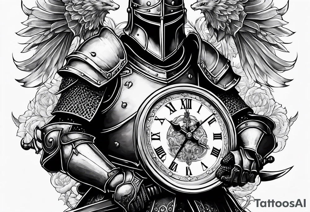 knight with heavy armor with clock and less detail tattoo idea
