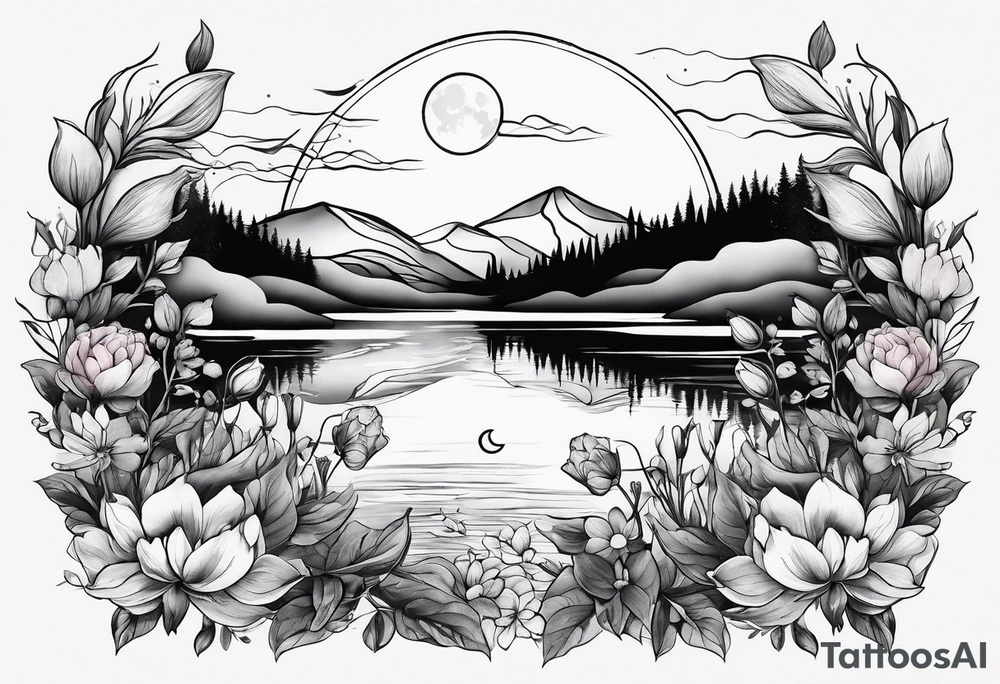 Secret, hidden garden, flowers, lake, daylight moon, more flowers tattoo idea