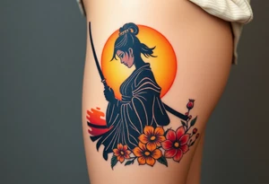 noble female samurai warrior silhouette at sunset with flowers, yellows and reds tattoo idea