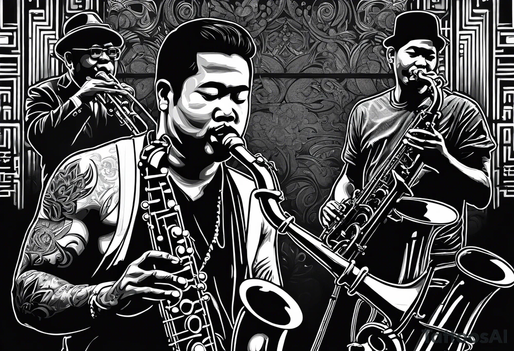 Thai boxer playing on tenor saxophone in a jazz club front of a jazz trio band. The notes are coming out from the saxophone and turning into buddhist symbols. tattoo idea