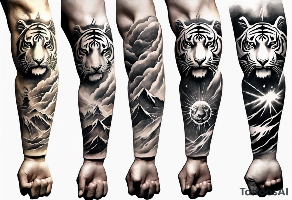 Tiger Warrior sleeve tattoo with lightning and the sun
Forearm sleeve tattoo idea Tiger Warrior sleeve tattoo with lightning and the sun
Forearm sleeve tattoo idea