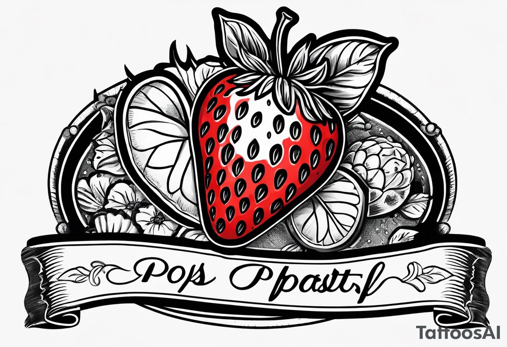 Single strawberry with a banner that reads “Pops” tattoo idea