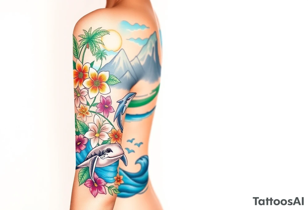 half sleeve, hawaiian theme, with water, mountains, tropical flowers, turtles, dolphins. tattoo idea