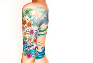 half sleeve, hawaiian theme, with water, mountains, tropical flowers, turtles, dolphins. tattoo idea