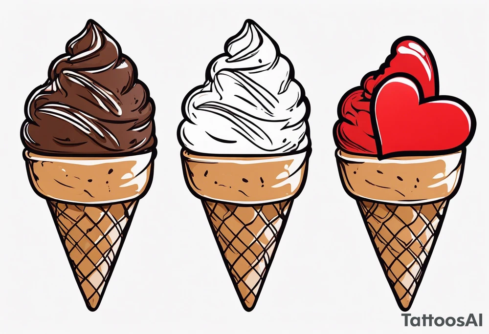 chocolate chip ice cream cone with one red heart tattoo idea