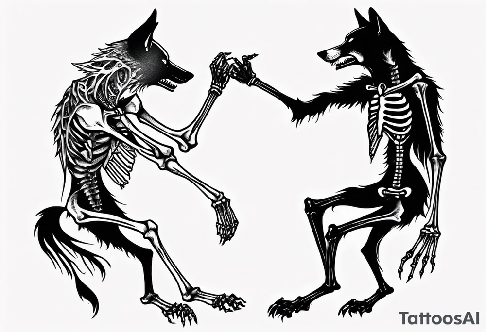 two wolf skeletons dancing tattoo idea