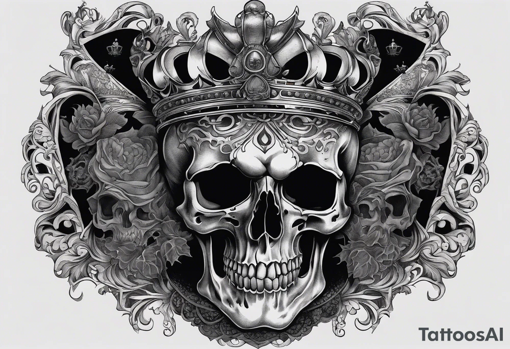 This tattoo covers the chest and features a central skull wearing a large crown with intricate details, resembling a mix of royalty and death imagery. The skull has hollow eyes, sharp teeth, and is draped with a cloth, creating a haunting yet regal appearance. Above the skull, there are dark clouds that frame two contrasting figures on either side: a devilish figure on the left, with horns, holding a glass of wine and grinning mischievously, and an angelic figure on the right, smiling while holding what appears to be a sacred object.

Below the skull, skeletal hands emerge from the sides, framing a bleeding heart wrapped in a crown of thorns, reminiscent of the Sacred Heart symbol in Christian iconography. Rays of light or energy radiate from the heart, adding a powerful and spiritual touch to the design.

The overall composition blends religious and dark themes, creating a strong contrast between good and evil, life and death, all with detailed linework and shading. tattoo idea