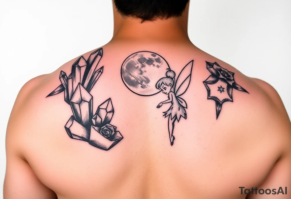 crystals and the moon and tinkerbell tattoo idea