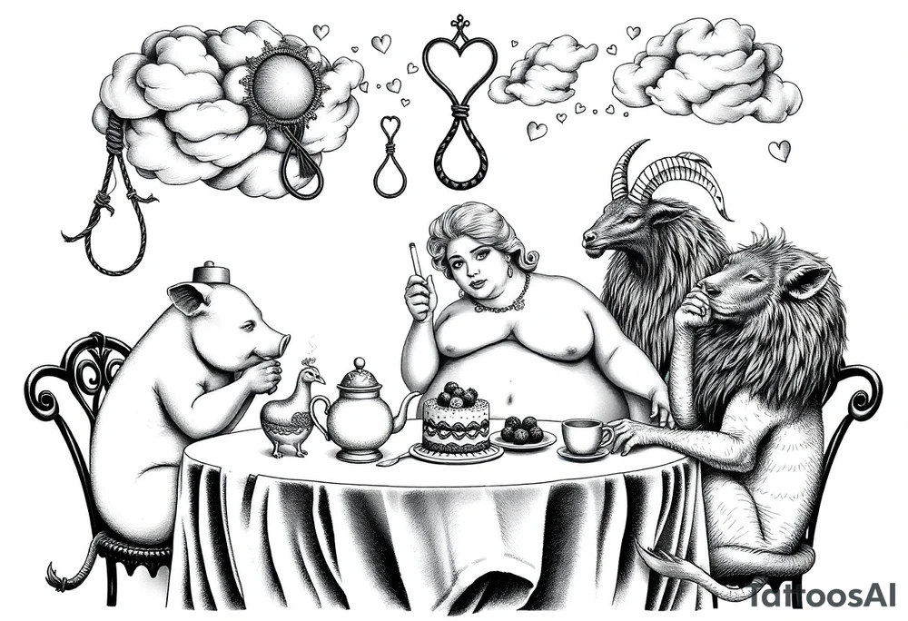 naked fat lady having a tea party with tea pots and 
with a pig, peacock, noose, lion, goat, smoking cigerettes looking in the mirror having sex with a man eating a cake thru storm clouds with knife and broken hearts and darkness and wrath, envy , gluttony, greed, sloth, pride kill tattoo idea