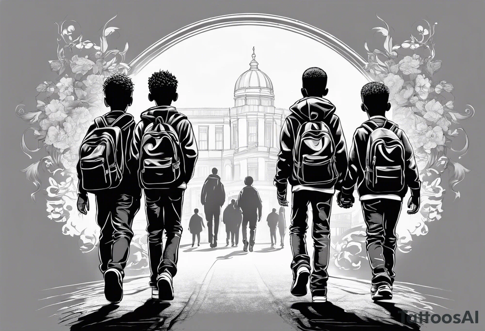 full bodies of 3 black school age boys walking away together and one is looking to the side at the one in the middle tattoo idea