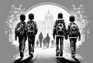 full bodies of 3 black school age boys walking away together and one is looking to the side at the one in the middle tattoo idea