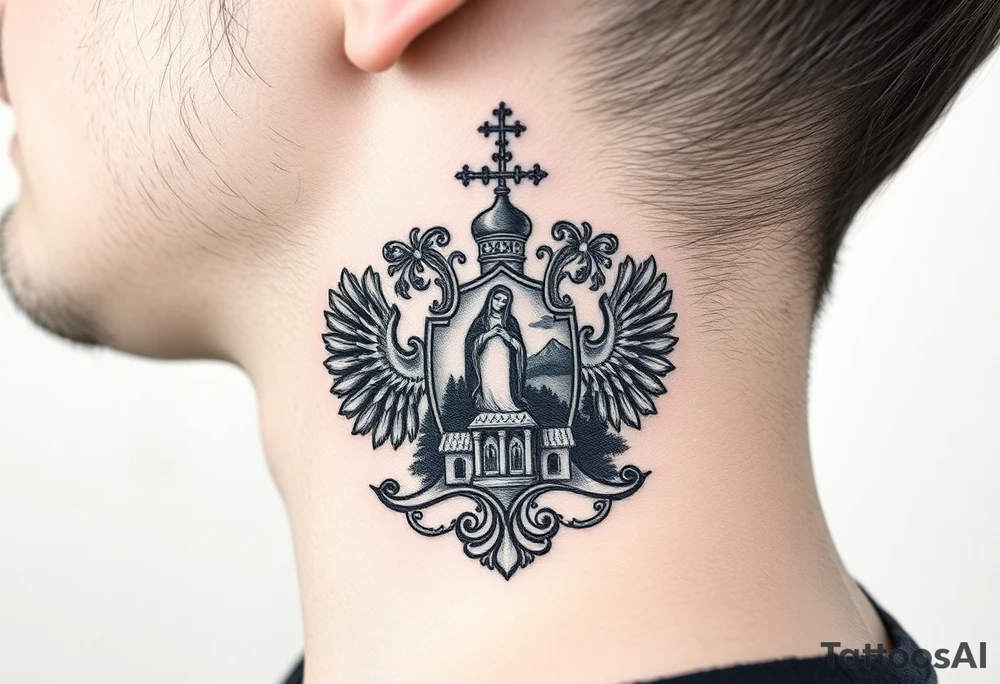 Traditional authentic Russian coat of arms with a Christian orthodox virgin marry in the middle and silhouette in a Russian wilderness Christian orthodoxy dome church village setting on the side of my neck tattoo idea