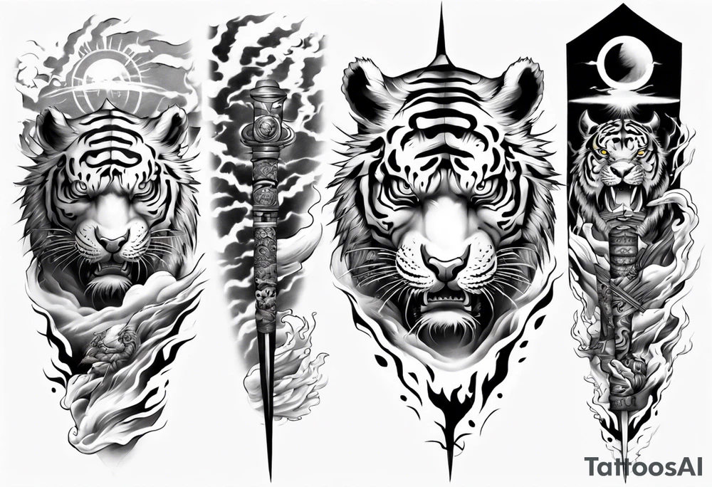 Tiger Warrior sleeve tattoo with lightning and the sun
Forearm sleeve tattoo idea
