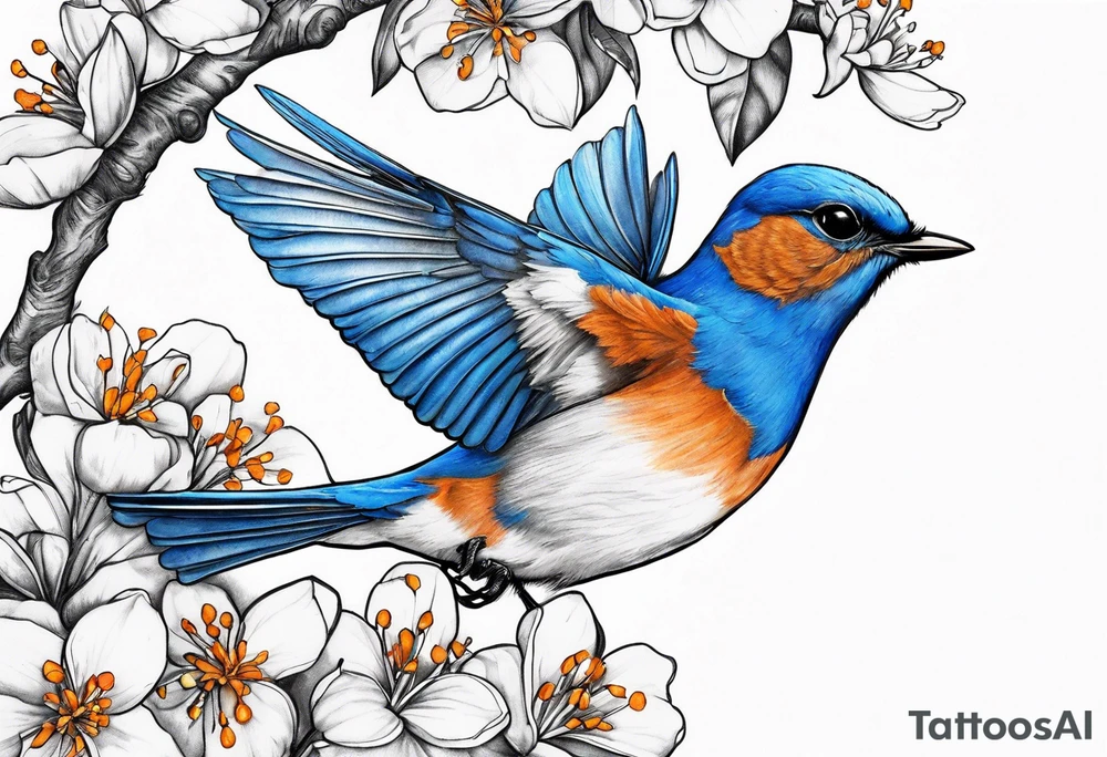 bluebird lifting off of branch with orange blossoms tattoo idea